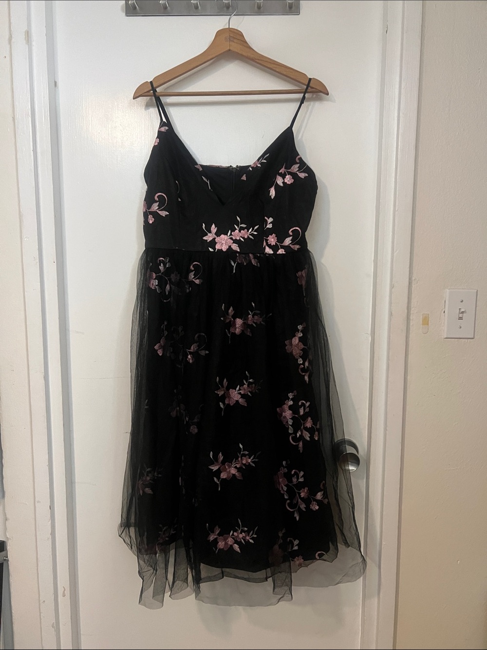 Lulu's Black Slip Dress with Pink Floral Embroidery